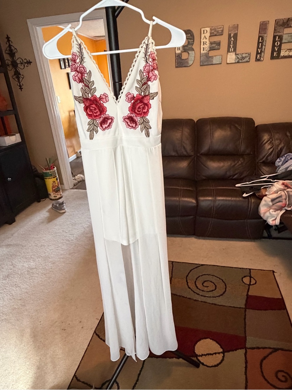 MadRag Ivory Floral Embroidered Maxi Romper Sheer Overlay Boho Size M